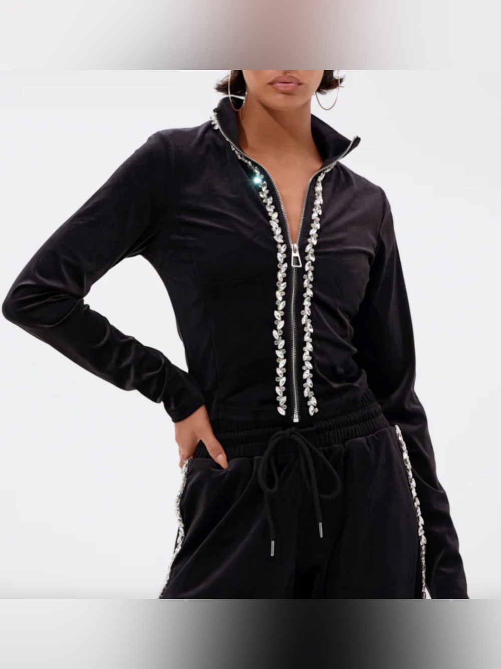 Neiman Marcus Velour Jacket featuring a Dramatic Rhinestone-Encrusted Zipper